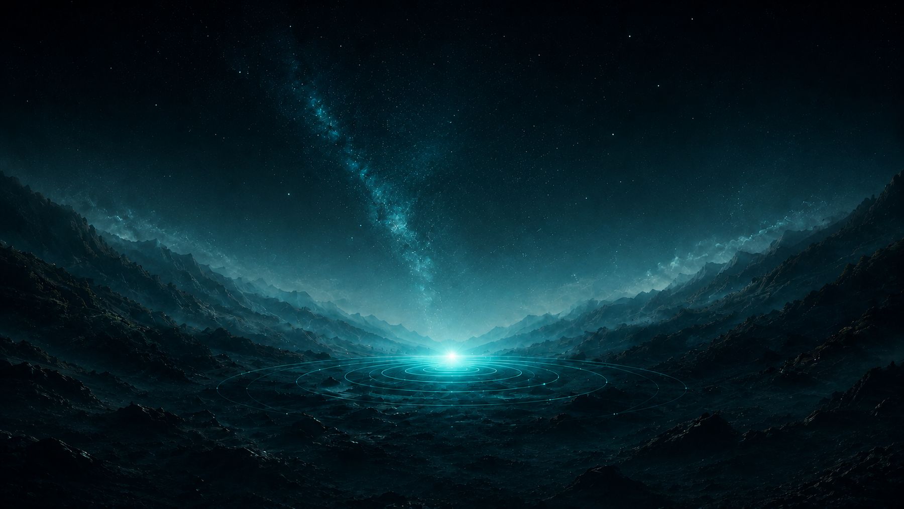 A dark valley under a star field, lit from its centre
