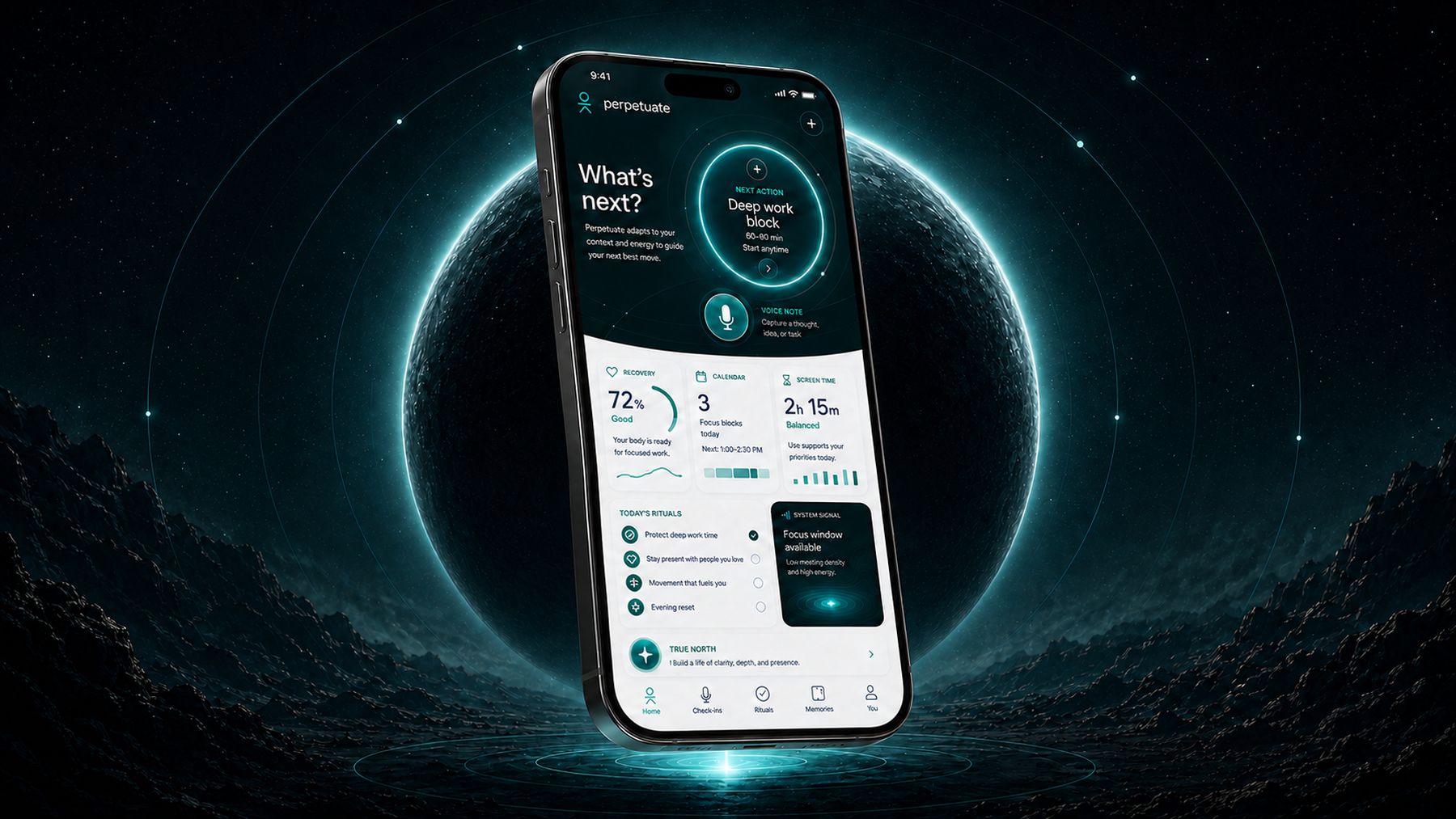 Perpetuate's home screen, floating in space